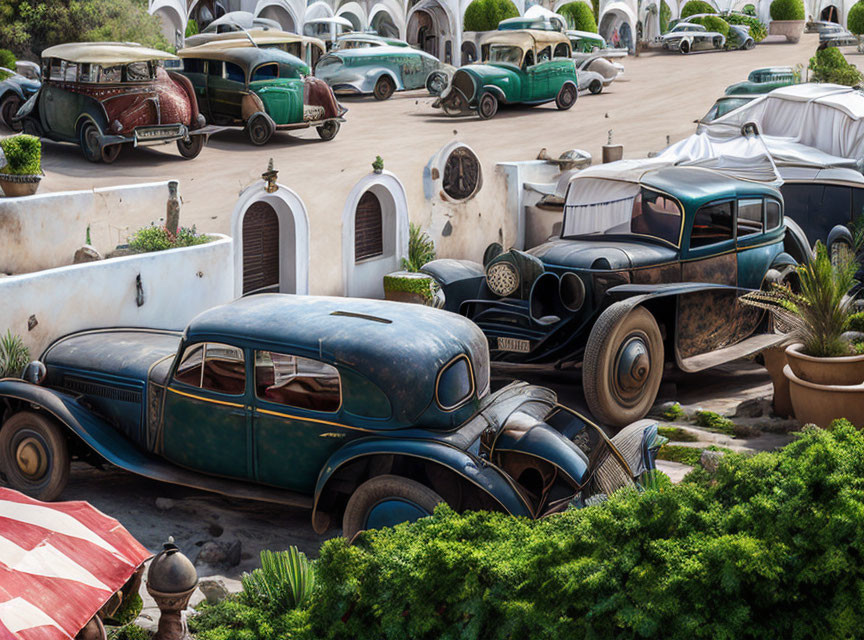 Classic Cars Parked in Courtyard with White Walls and Terracotta Roofs