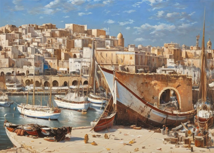 Mediterranean harbor scene with boats, aged ship hull, and ancient buildings