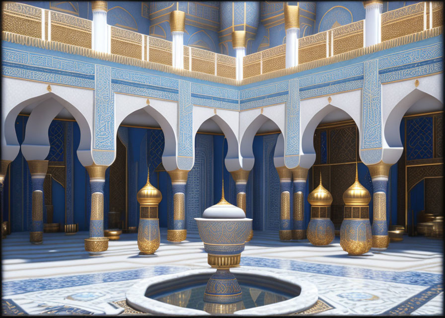 Luxurious Interior with Arches, Blue and Gold Patterns, Fountain, and Columns