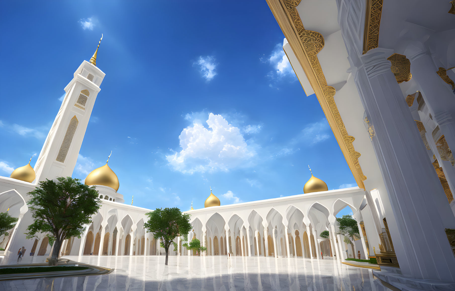 Majestic Mosque with Towering Minarets and Golden Domes