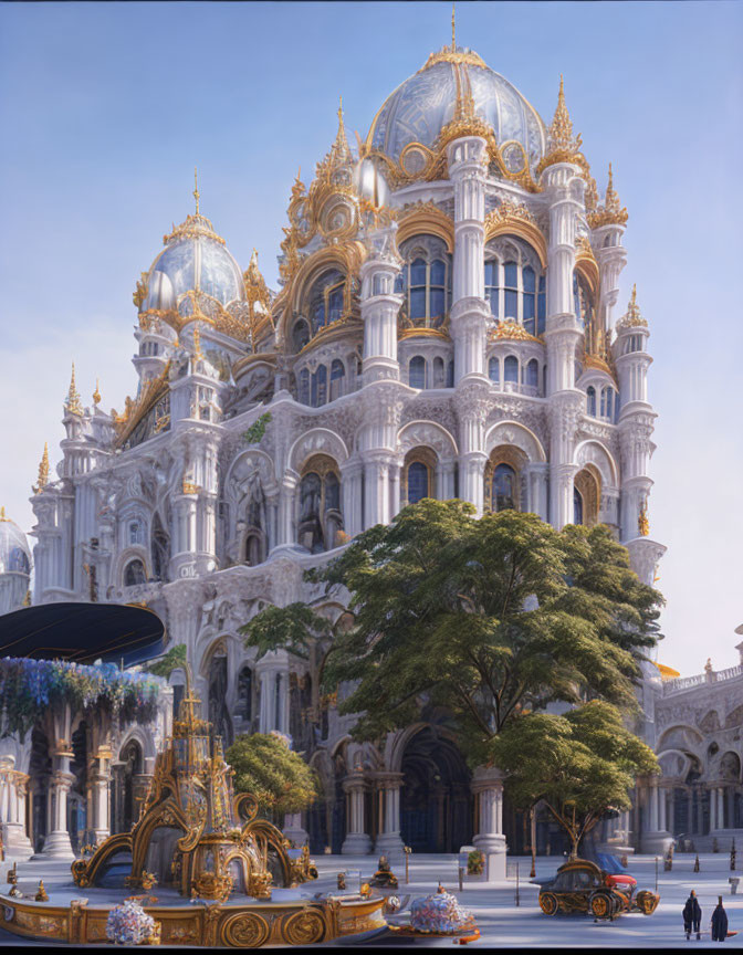 Fantasy-style urban architecture with ornate details and gothic elements