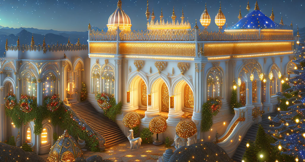 Enchanting palace scene with golden and blue domes and a white llama