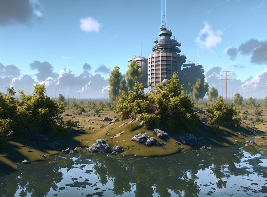 Futuristic building in lush landscape with water reflections