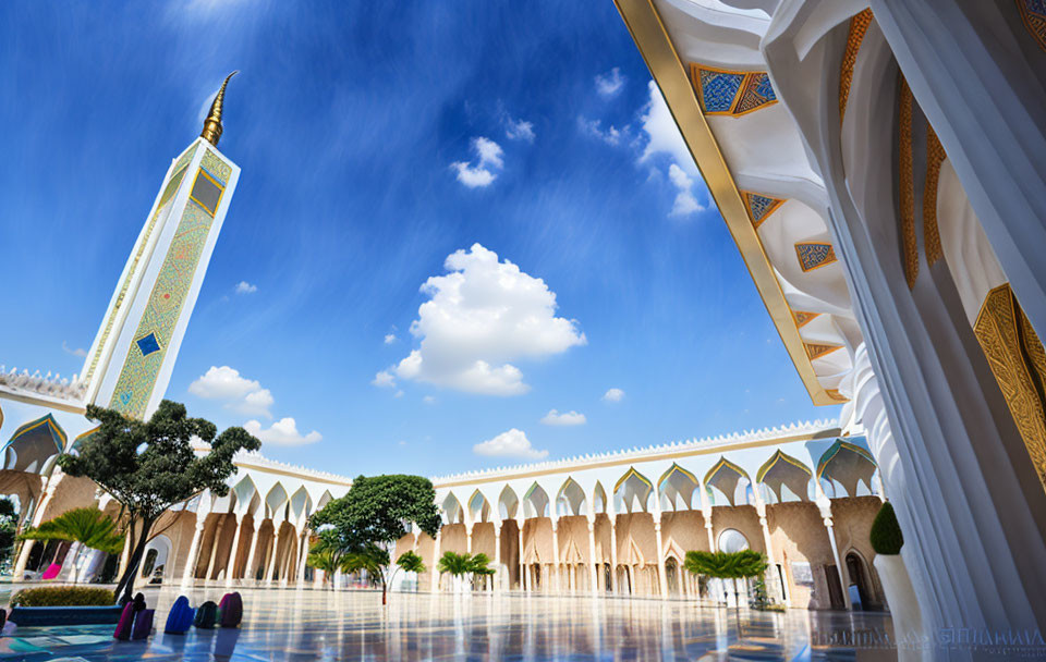 Mosque courtyard with blue sky and ornate minaret