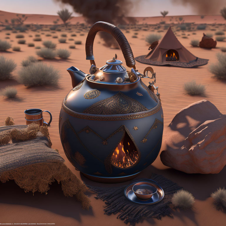 Ornate teapot on desert floor with cup, cushion, and tent by fire