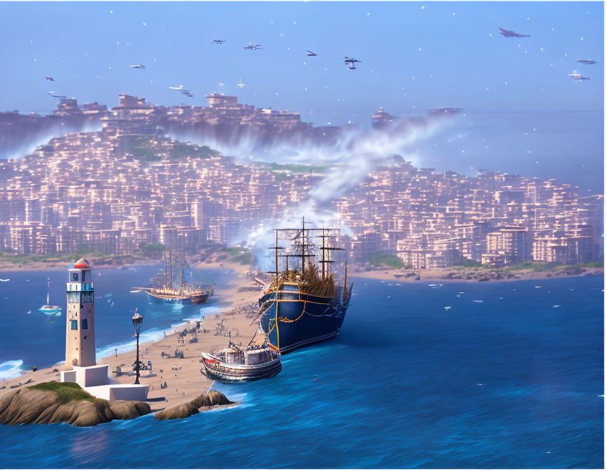 Futuristic coastal city with flying vehicles, lighthouse, and sailing ships