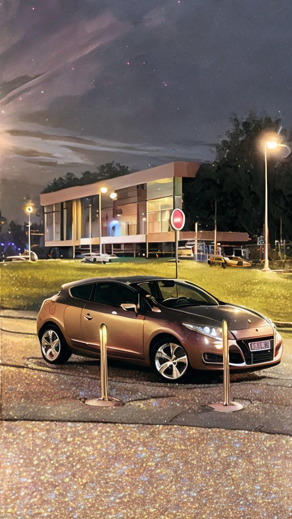 Bronze car on glittering street with modern building and "no entry" sign.