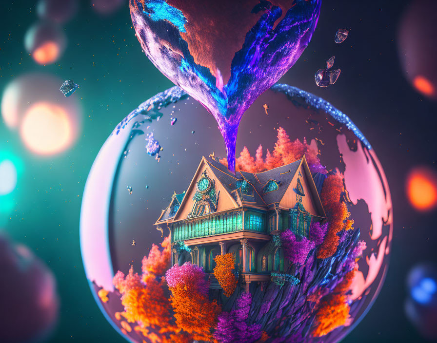 Whimsical Victorian-style house on floating island with waterfall and vibrant planets.