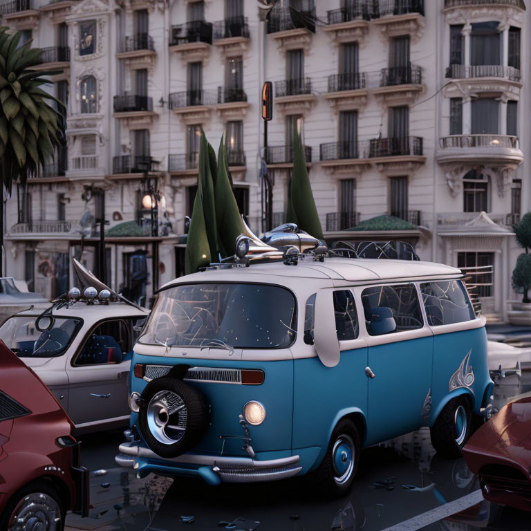 Vintage Blue and White Van with Airplane Nose Parked on Classic Street