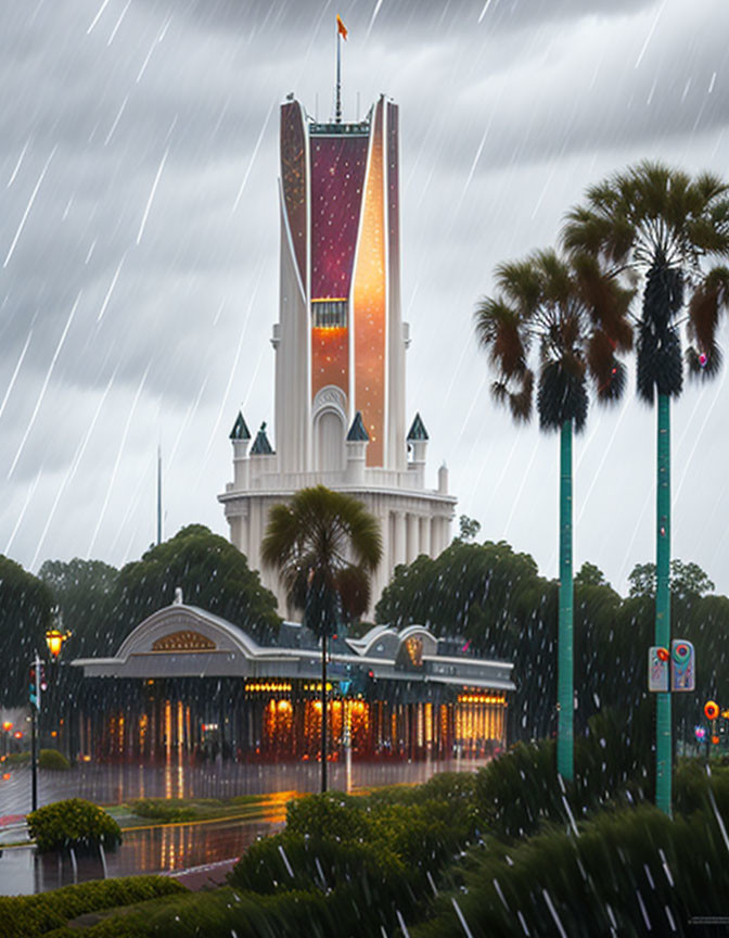 Illuminated tower in rainy sky with palm trees