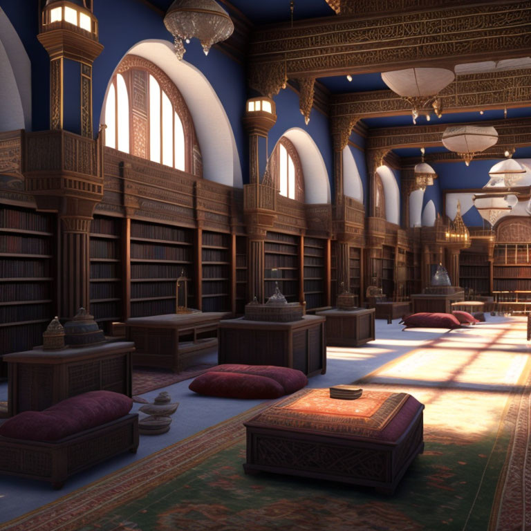 Luxurious library with grand arches, wooden bookshelves, chandeliers, carpets, and