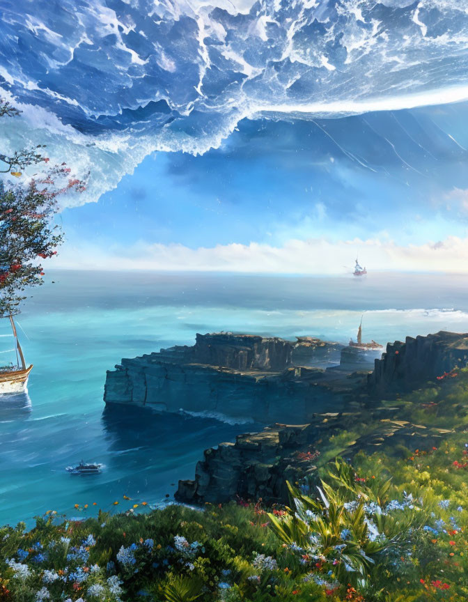 Seascape with towering cliffs, lush foreground, sailing ship, inverted ocean sky