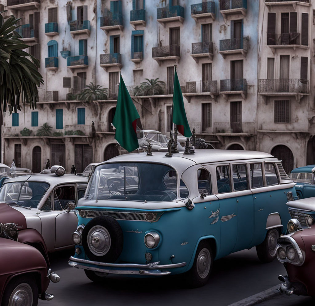 Vintage cars and retro buildings on bustling street with green flags - nostalgic scene.