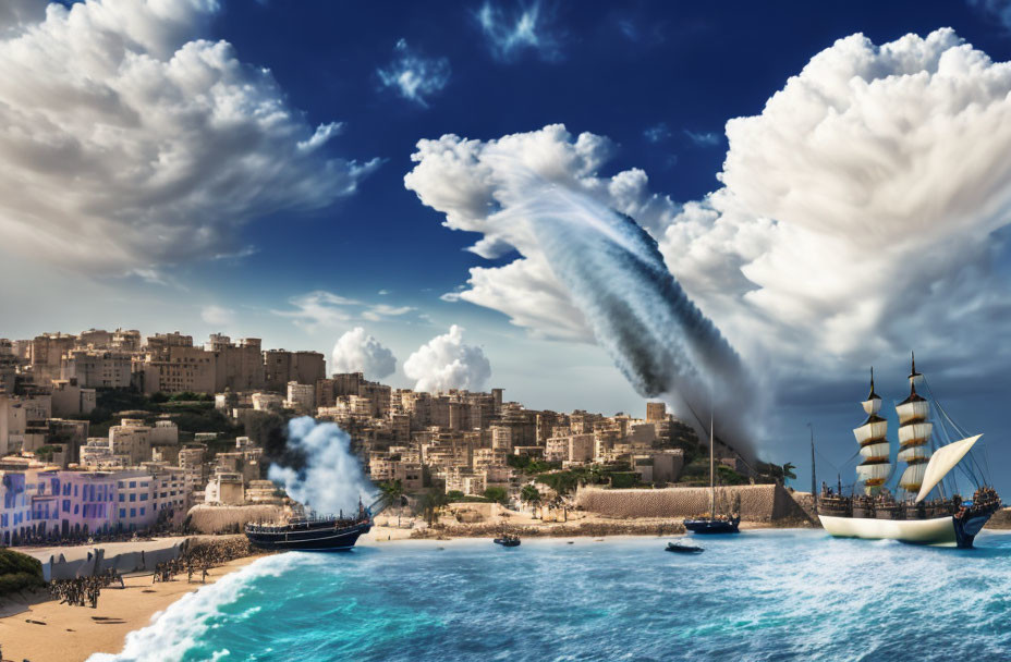 Coastal cityscape digital artwork with ships in cannon battle