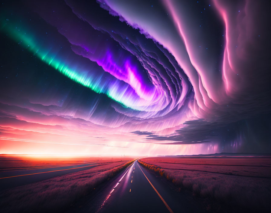 Colorful aurora borealis dances over straight road at sunset