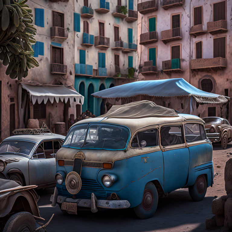 Vintage Blue Van Parked Among Rustic Buildings and Classic Cars on Cobblestone Street