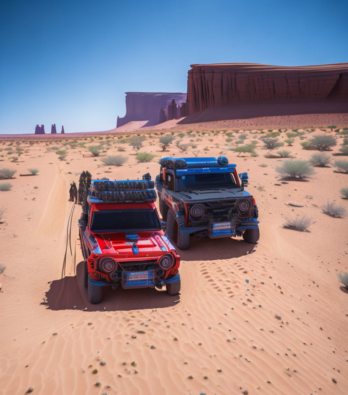 Desert road scene with off-road vehicles, people walking, and rock formations under blue sky