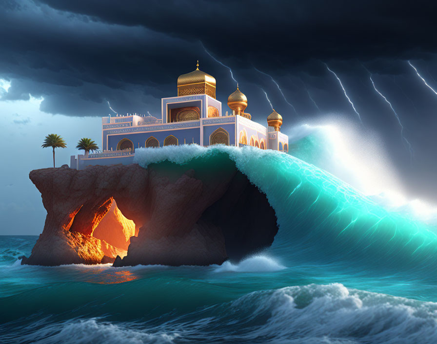 Golden-domed palace on cliff with stormy sea and lightning