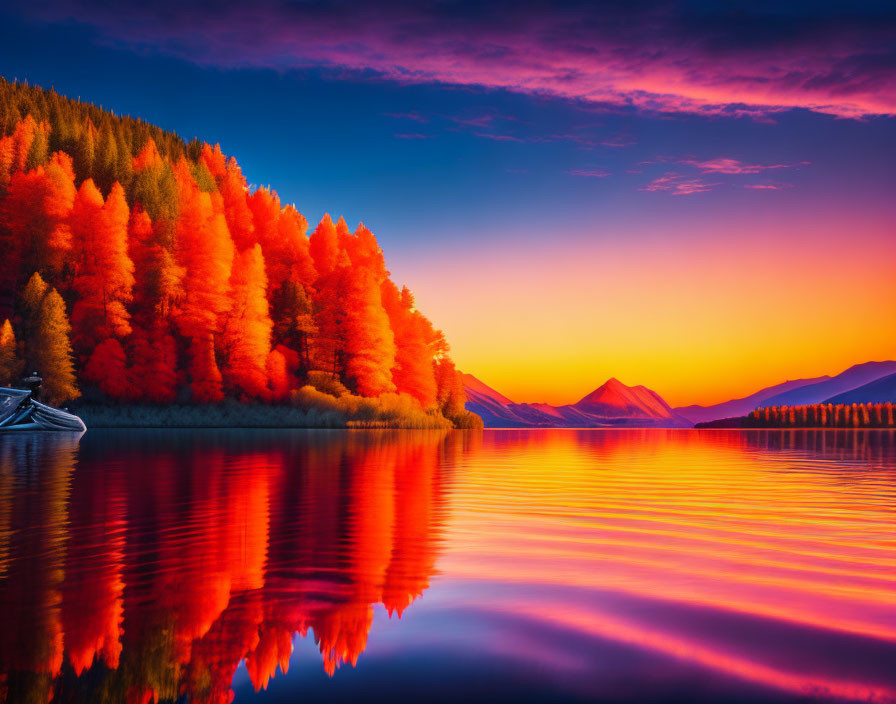 Scenic sunset over tranquil lake with autumn foliage and mountains