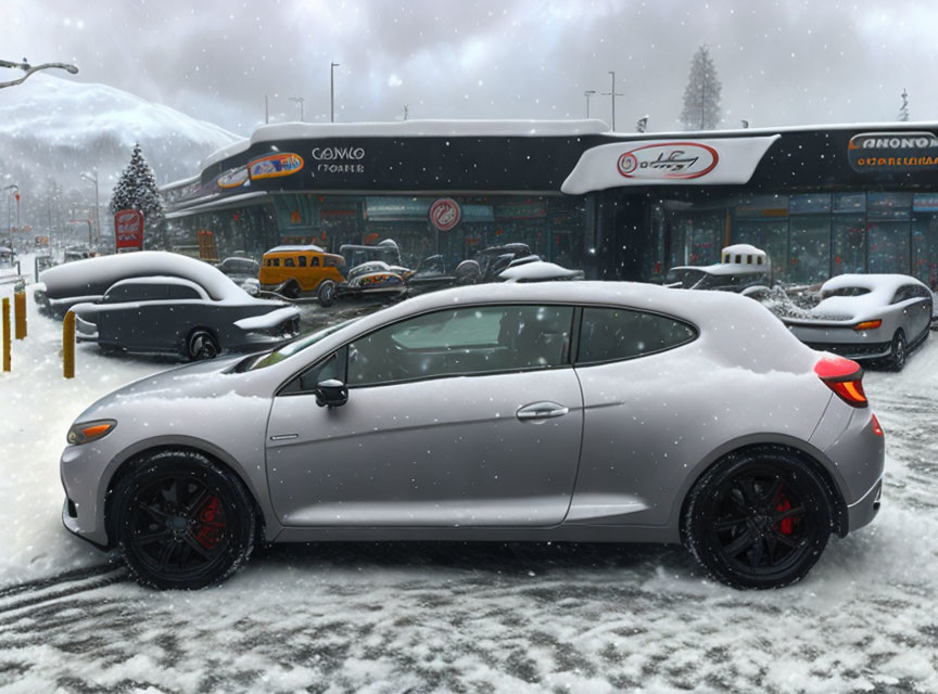 Gray Sports Car with Black Rims Parked on Snowy Street