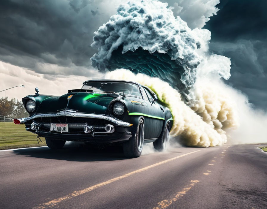 Vintage black car driving under dramatic cloud formation.