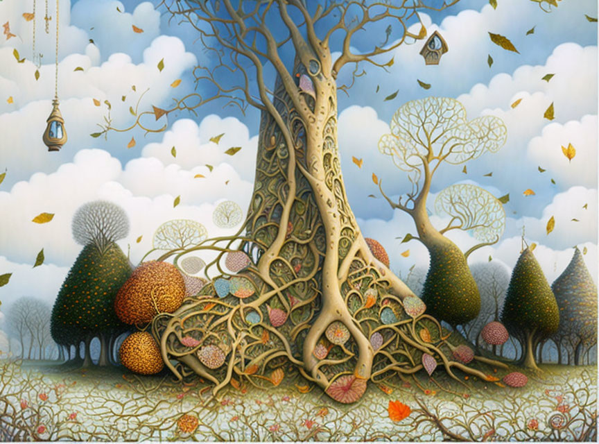 Whimsical forest painting with large tree, birdhouses, floating leaves