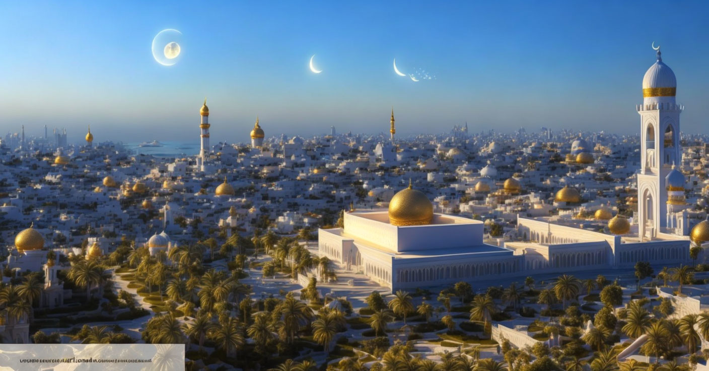 Fantasy cityscape digital artwork with Middle Eastern architecture and twin moons.