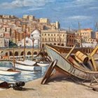 Mediterranean harbor scene with boats, aged ship hull, and ancient buildings