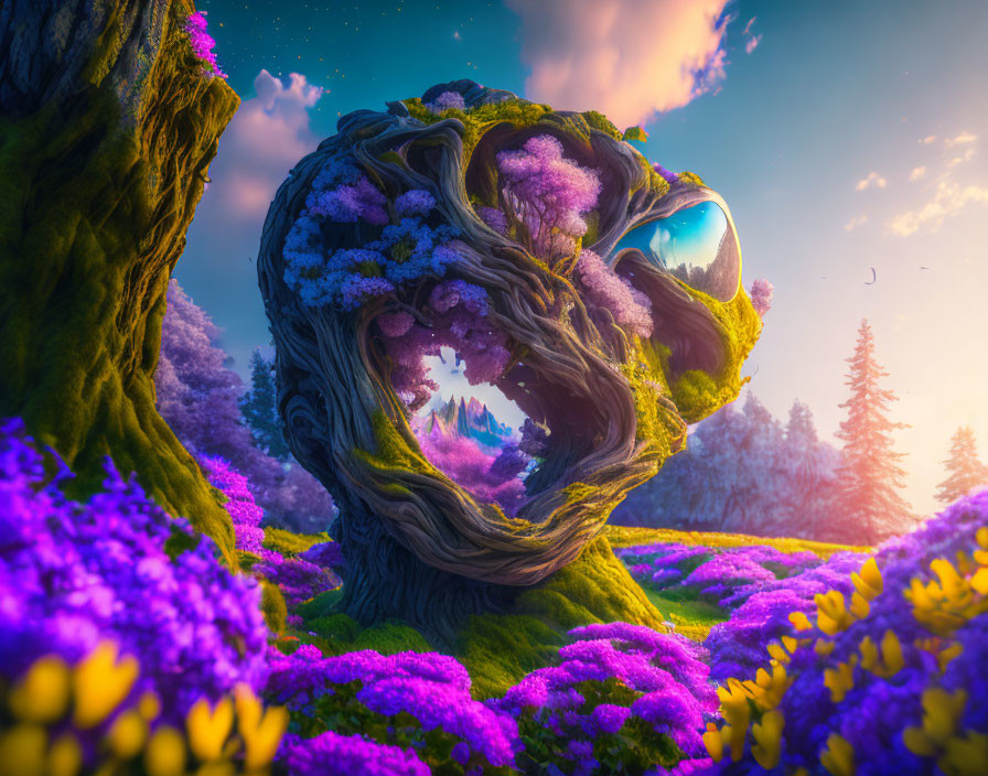 Surreal landscape with twisted tree, crystal, purple flora, vibrant sky