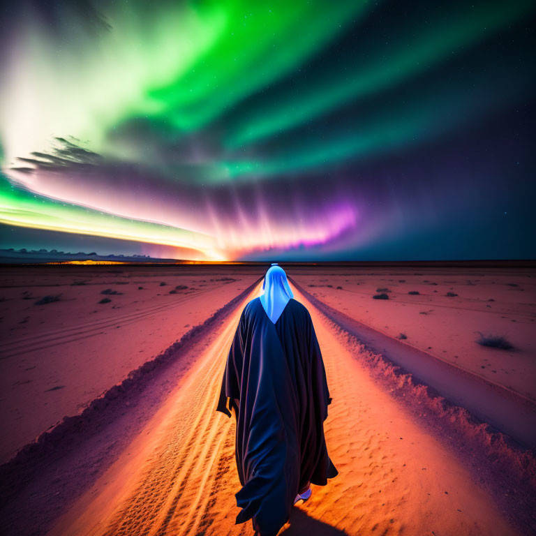 Person in robe walking towards vibrant aurora borealis over desert landscape at twilight