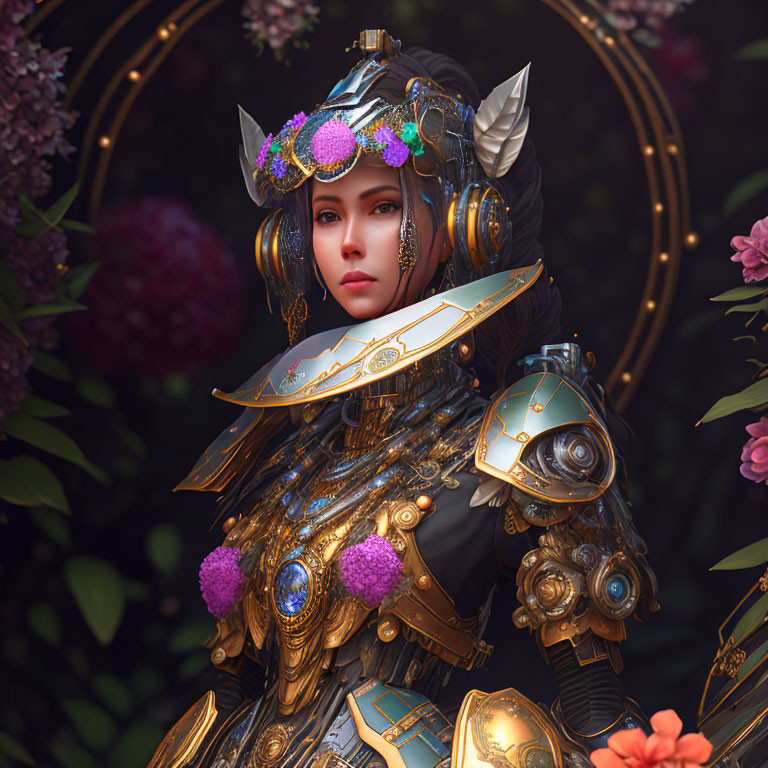 Detailed 3D illustration of female warrior in golden armor with floral and jewel embellishments.