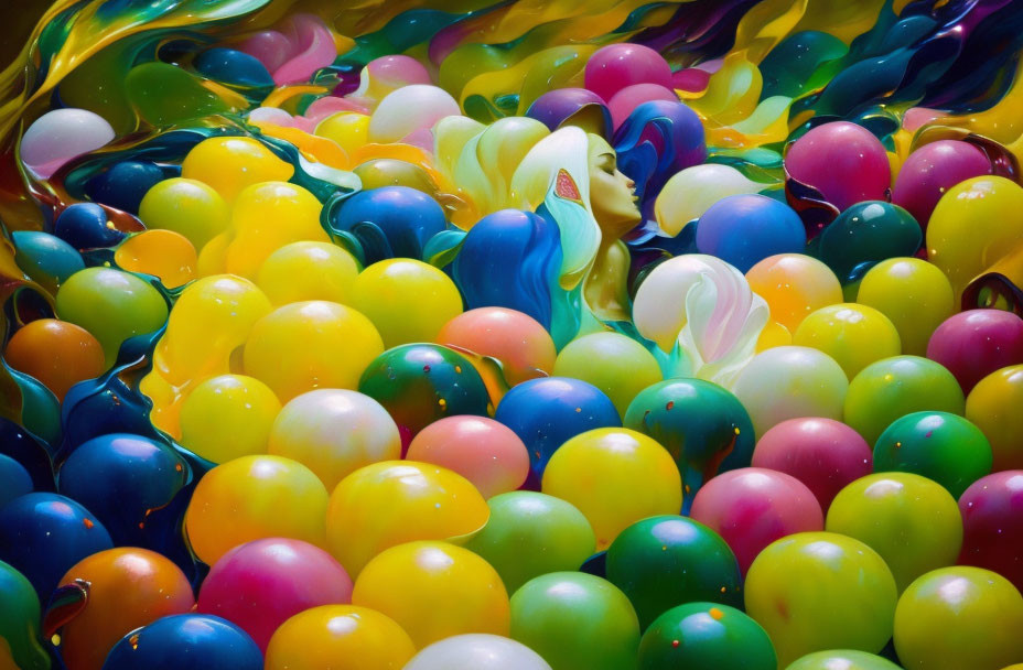 Colorful Balloons Surround Dreamlike Woman's Face Portrait