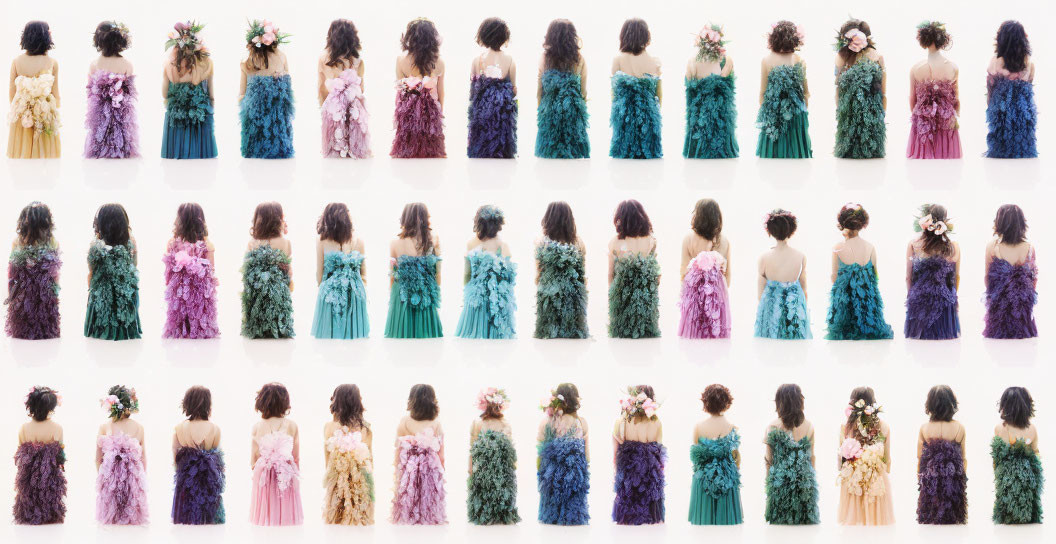 Grid of Colorful Floral Dresses and Headpieces Back View