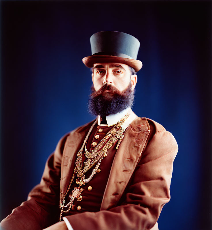 Bearded man in top hat and medals on blue background