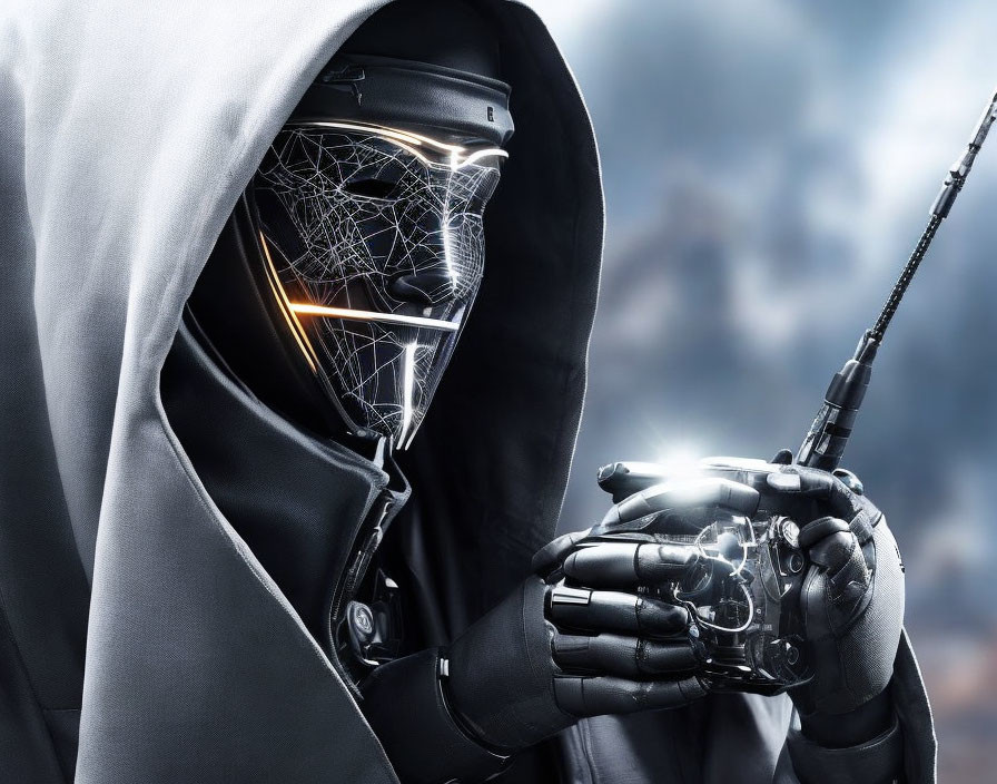 Figure in hood and futuristic mask with glowing lines holding high-tech weapon-like device