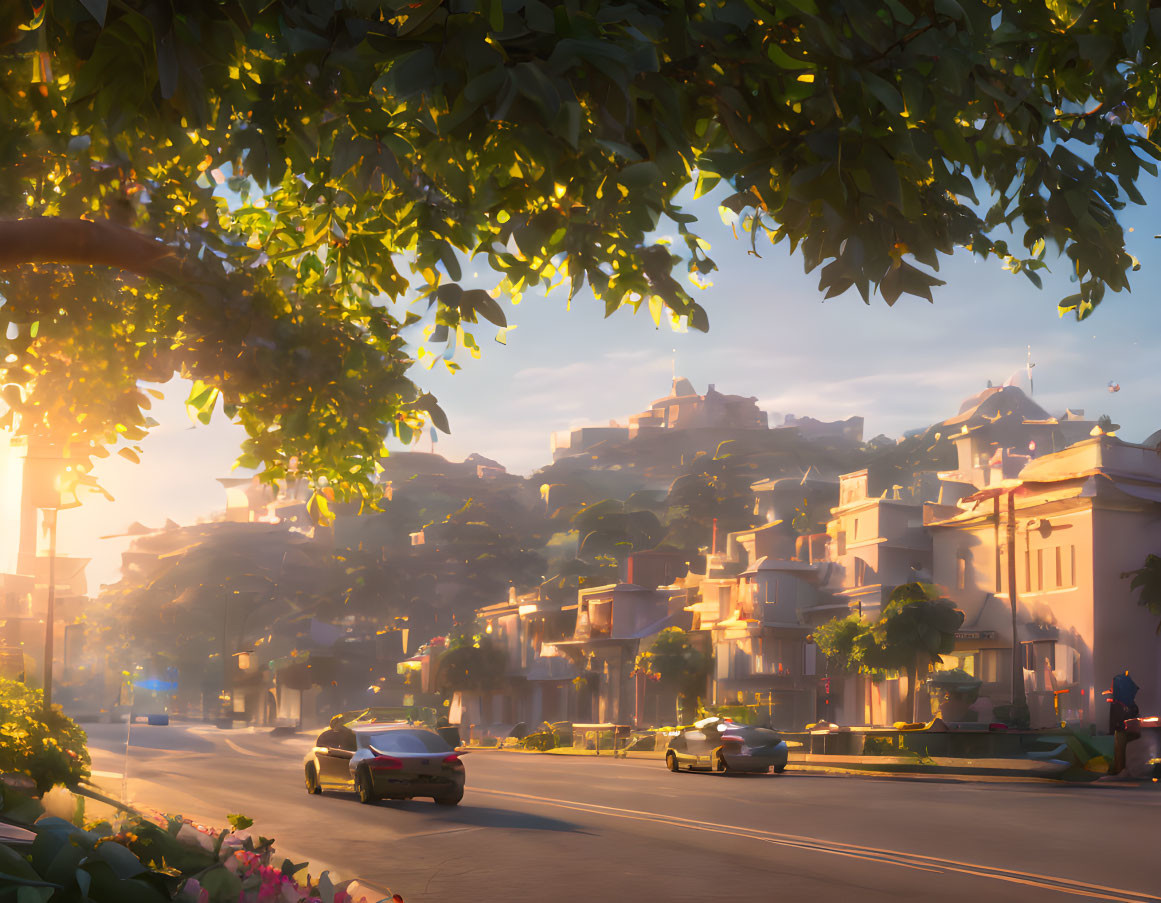 Tranquil street at sunset with vehicles, lush trees, and terracotta rooftops