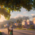 Tranquil street at sunset with vehicles, lush trees, and terracotta rooftops