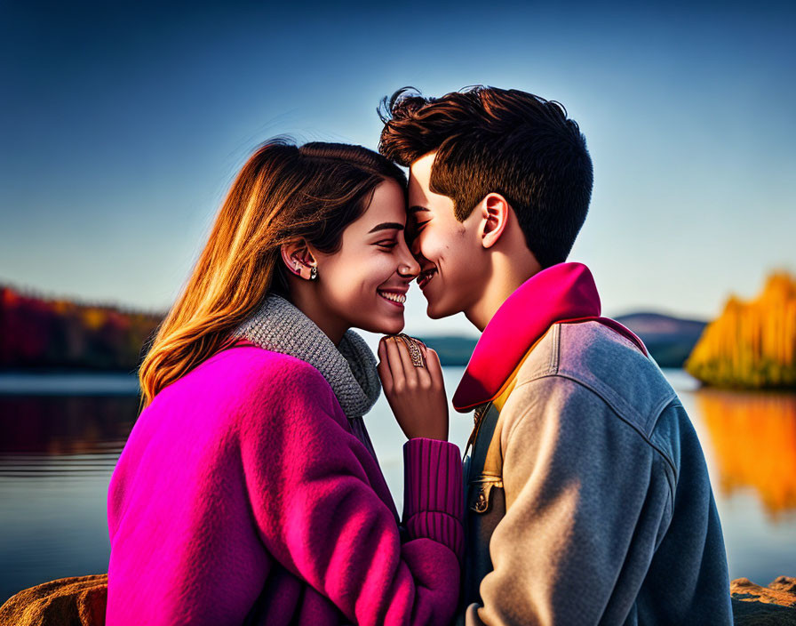 Couple at Lakeshore Sunset with Autumn Colors