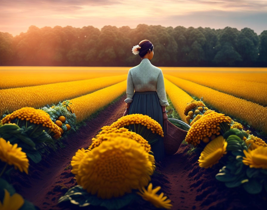 Woman walking through vibrant sunflower fields at sunset with tall trees and warm glowing sky