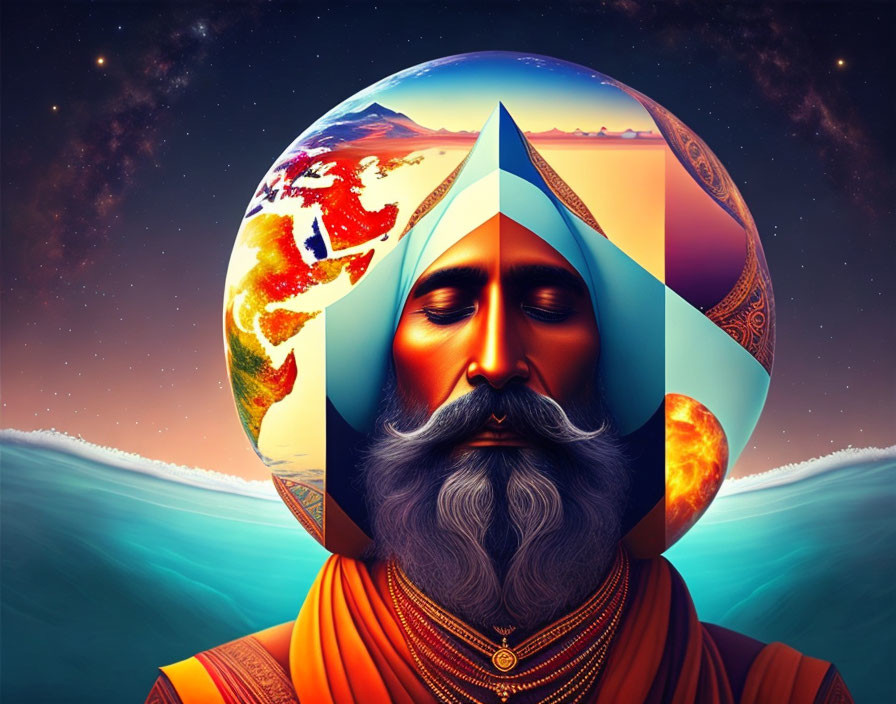 Vibrant digital artwork of serene bearded man in Sikh attire