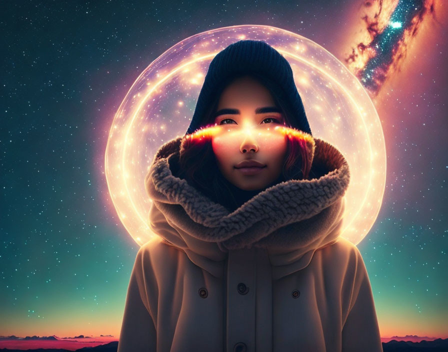 Woman in Winter Hat and Coat with Glowing Halo in Cosmic Background