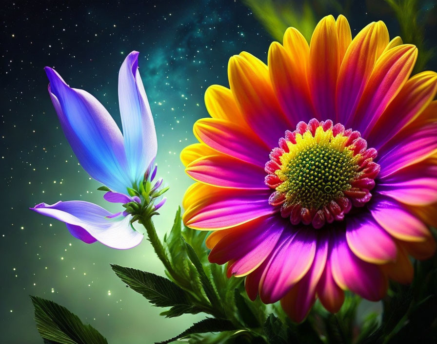 Colorful flowers against cosmic backdrop: purple-to-blue and yellow-to-magenta petals with green starry