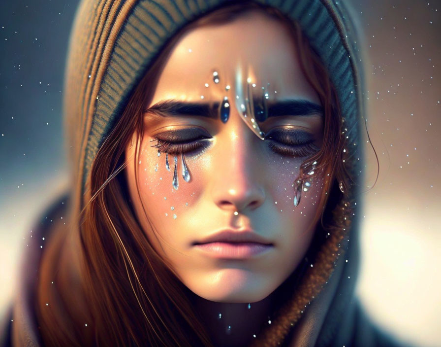 Digital painting of person with closed eyes and ornate teardrop-like embellishments wearing knit hat