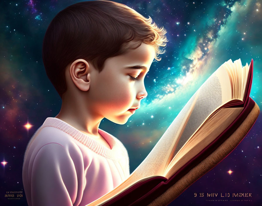 Child reading book surrounded by cosmic stars and nebulae