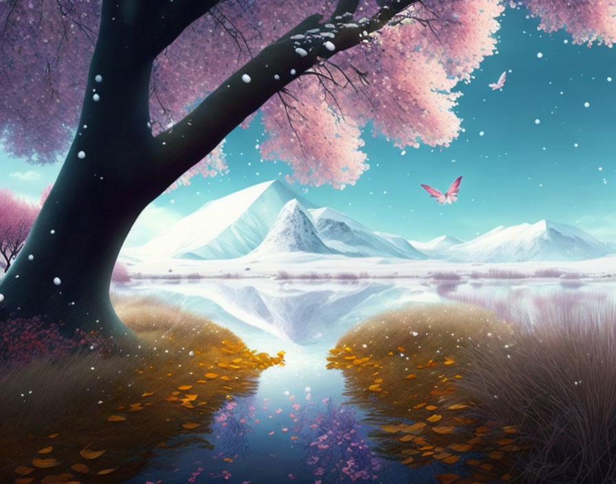 Tranquil lake with cherry blossoms and snowy mountains