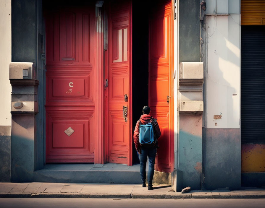 Person with Backpack Standing in Front of Large Red Door on Colorful Street