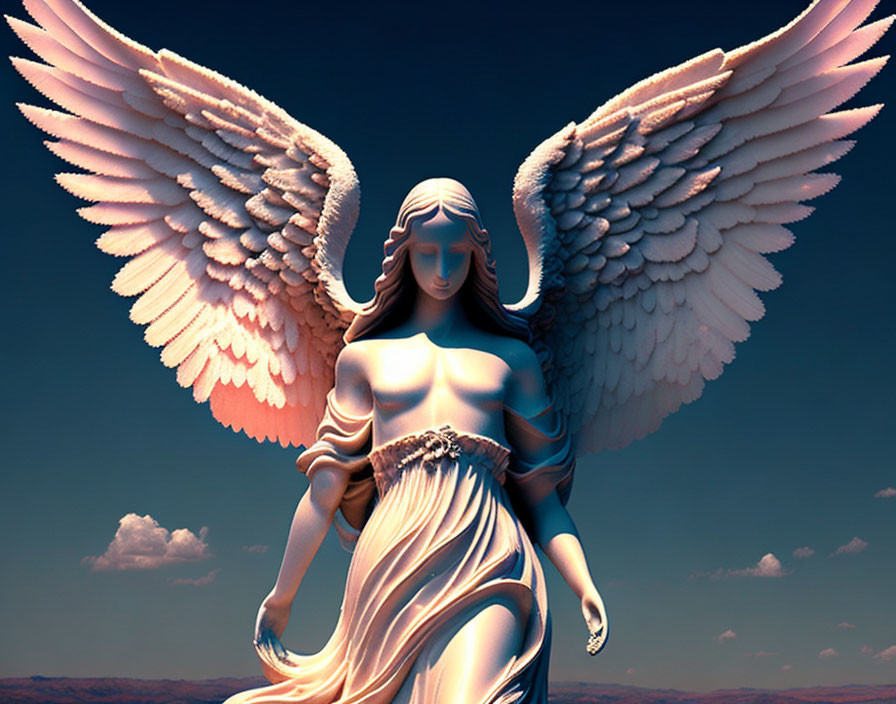 Digital Artwork: Angelic Figure with White Wings and Flowing Hair in Blue Sky