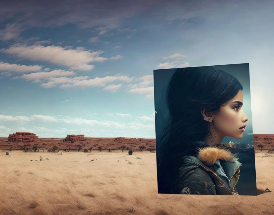 Digital Collage: Woman's Profile Portrait Overlapping Desert Landscape