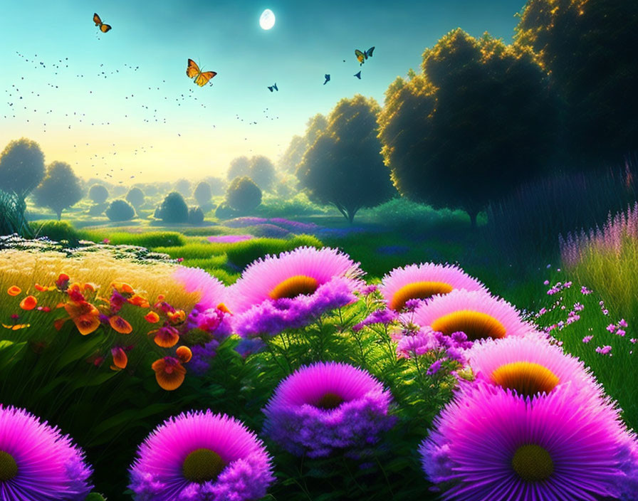 Colorful Digital Artwork: Lush Meadow with Flowers and Trees