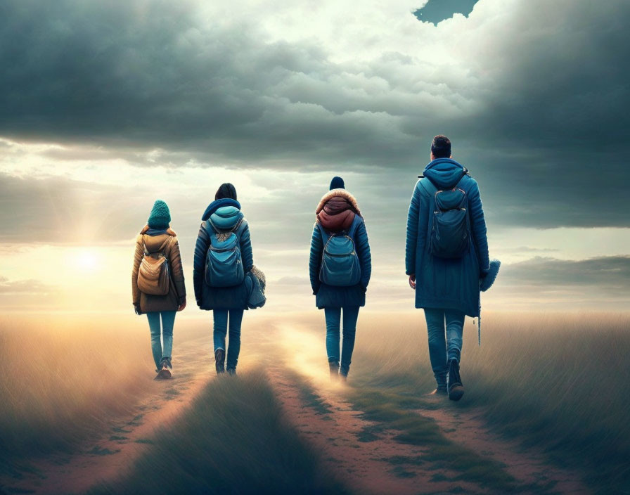 Group of Four Backpackers Walking on Narrow Path in Grassy Field at Dusk or Dawn